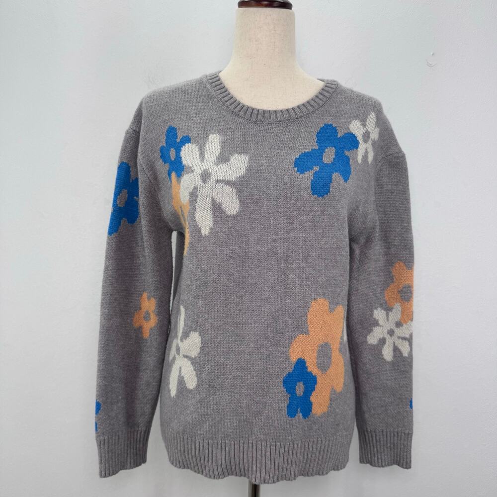 &merci Floral Knit Pullover Sweater Gray sz M Cottagecore Springs Fall Grandma